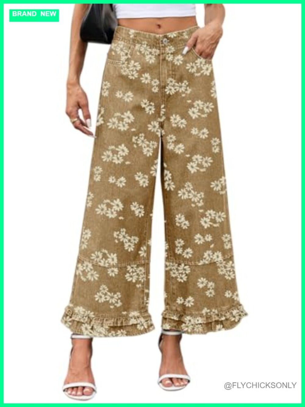 Women's Y2K Floral Print Ruffle Hem Wide Leg Cropped Jeans